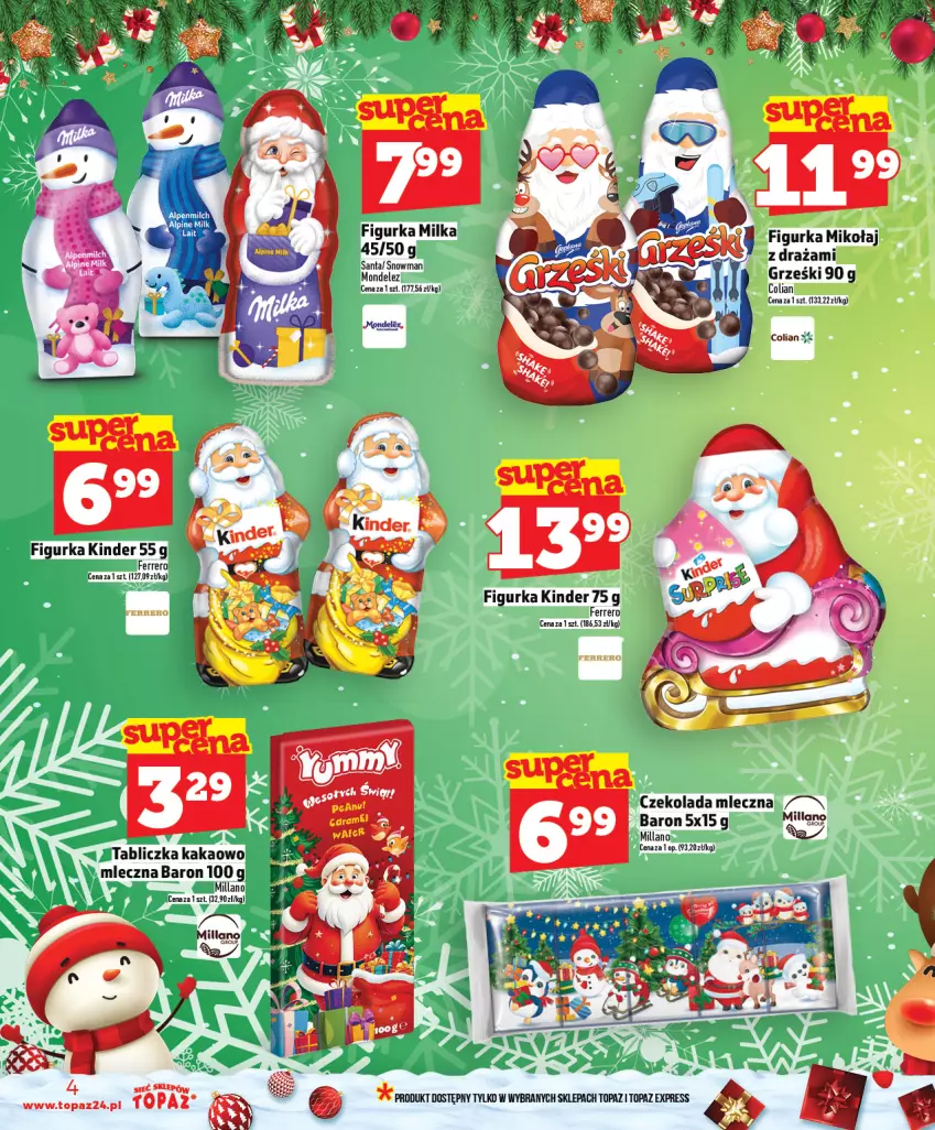 Gazetka promocyjna Topaz - Gazetka - ważna 04.12 do 10.12.2025 - strona 4 - produkty: Czekolada, Czekolada mleczna, Ferrero, Grześki, Kakao, Kinder, Milka, Top
