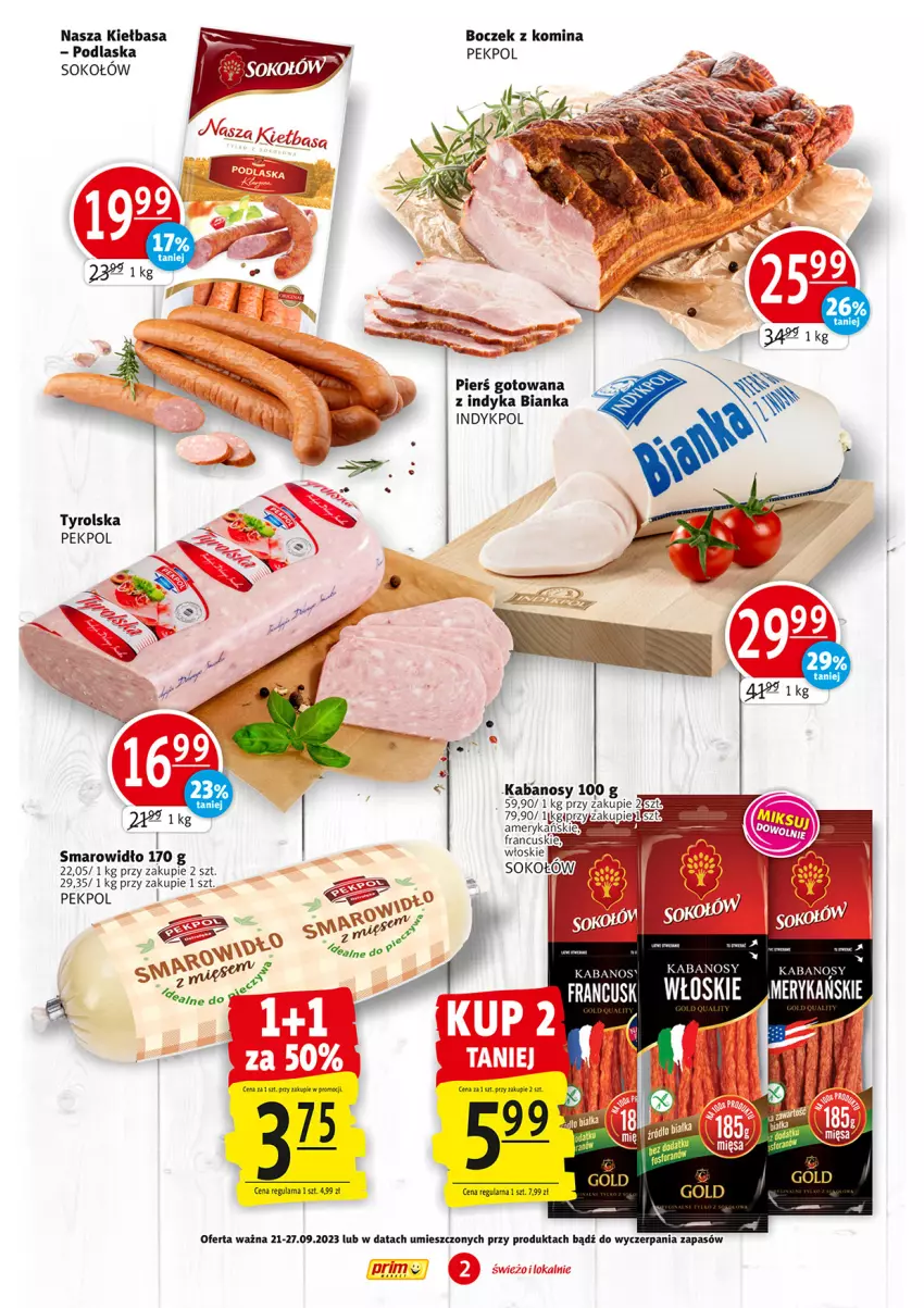 Gazetka promocyjna Prim Market - ważna 21.09 do 27.09.2023 - strona 2 - produkty: Bianka, Boczek, Kabanos, Kiełbasa, LG, Pekpol, Sok, Sokołów