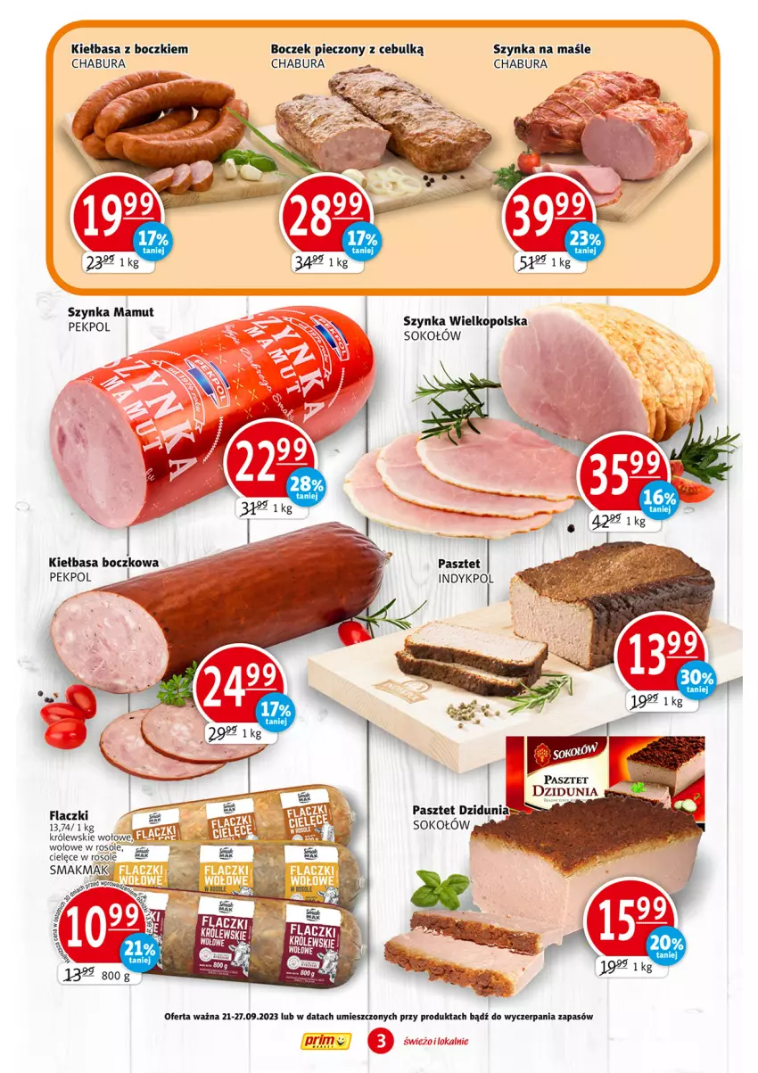 Gazetka promocyjna Prim Market - ważna 21.09 do 27.09.2023 - strona 3 - produkty: Boczek, Boczek pieczony, Kiełbasa, Królewski, Pasztet, Pekpol, Piec, Sok, Sokołów, Szynka