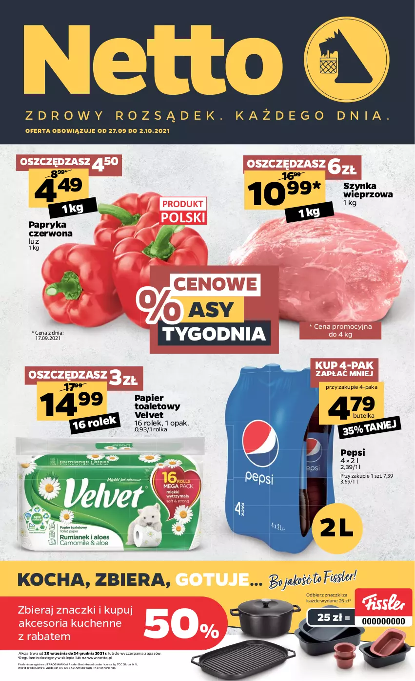 Gazetka promocyjna Netto - Gazetka spożywcza - ważna 27.09 do 02.10.2021 - strona 1 - produkty: Koc, Papier, Papier toaletowy, Papryka, Papryka czerwona, Pepsi, Szynka, Szynka wieprzowa, Velvet