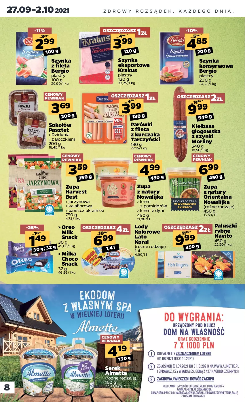 Gazetka promocyjna Netto - Gazetka spożywcza - ważna 27.09 do 02.10.2021 - strona 8 - produkty: Almette, Kalafior, Kiełbasa, Kiełbasa głogowska, Krakus, Kurczak, Lody, Milka, Morliny, Oreo, Paluszki rybne, Parówki, Pasztet, Por, Ser, Serek, Sok, Sokołów, Sport, Szynka, Szynka konserwowa, Tarczyński, Zupa