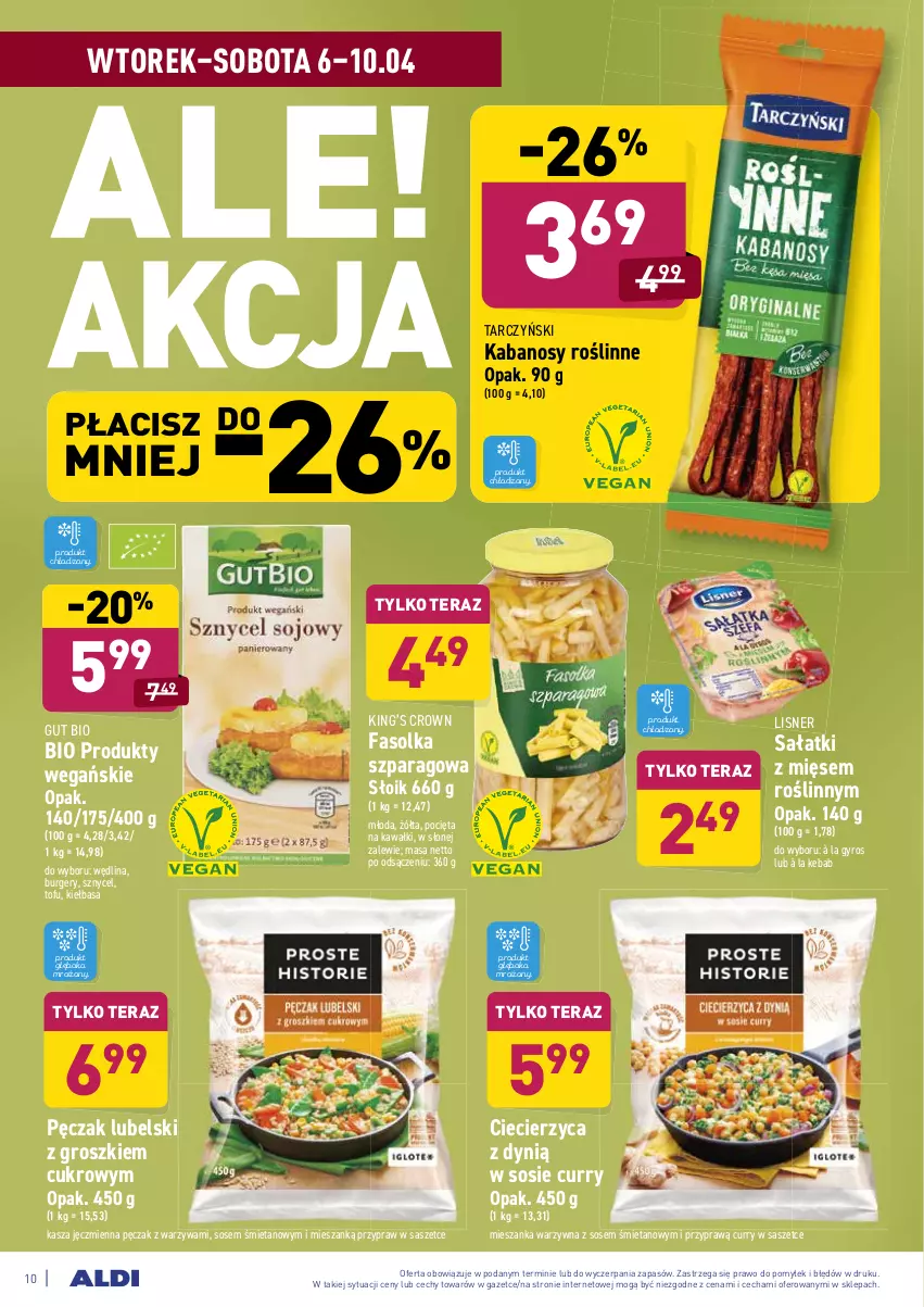 Gazetka promocyjna Aldi - ALE! CENA w ALDI - ważna 06.04 do 10.04.2021 - strona 10 - produkty: Burger, Dynią, Fa, Gyros, Kabanos, Kasza, Kasza jęczmienna, Kawa, Kebab, Kiełbasa, King’s Crown, Lisner, Lodówka, Mieszanka warzyw, Sałat, Sos, Tarczyński, Tera, Tofu, Warzywa, Wędlina