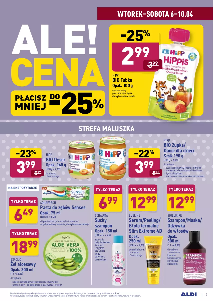 Gazetka promocyjna Aldi - ALE! CENA w ALDI - ważna 06.04 do 10.04.2021 - strona 15 - produkty: Aquafresh, Danie dla dzieci, Deser, Dzieci, Eveline, Fa, HiPP, Królik, Marchewka, Maska, Mus, Odżywka, Pasta do zębów, Peeling, Rum, Ryż, Schauma, Senses, Ser, Serum, Sos, Suchy szampon, Szampon, Tera