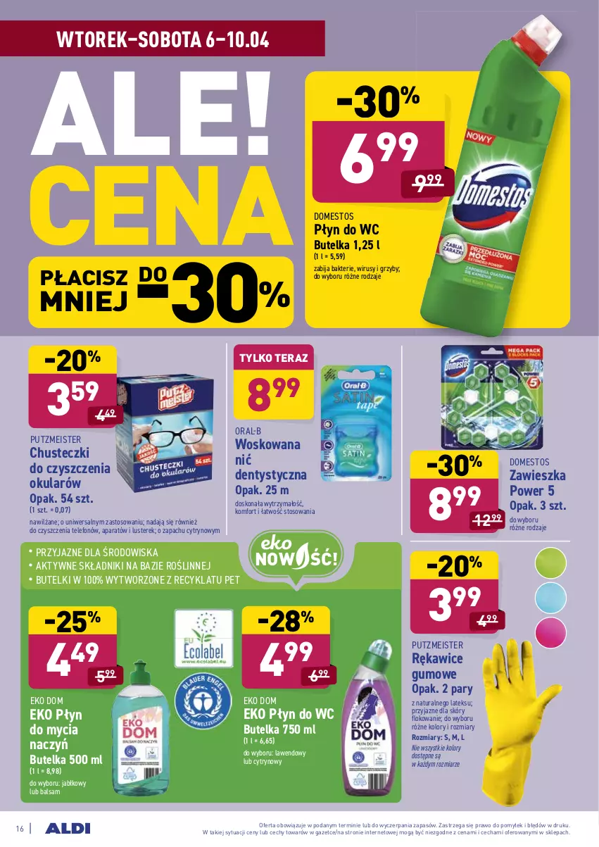 Gazetka promocyjna Aldi - ALE! CENA w ALDI - ważna 06.04 do 10.04.2021 - strona 16 - produkty: Chusteczki, Chusteczki do czyszczenia, Do mycia naczyń, Domestos, Grzyby, Nić dentystyczna, Płyn do mycia, Płyn do mycia naczyń, Płyn do wc, Putzmeister, Rękawice, Telefon, Tera