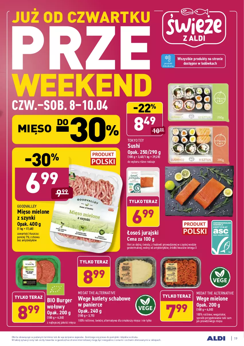 Gazetka promocyjna Aldi - ALE! CENA w ALDI - ważna 06.04 do 10.04.2021 - strona 19 - produkty: Burger, Kosz, Kotlet, Lodówka, Mięso, Mięso mielone, Mięso mielone z szynki, Omega-3, Sushi, Tera