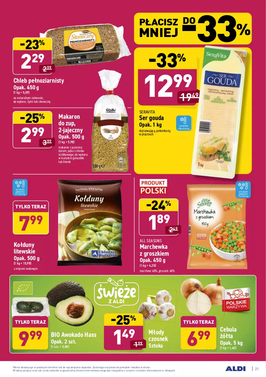 Gazetka promocyjna Aldi - ALE! CENA w ALDI - ważna 06.04 do 10.04.2021 - strona 21 - produkty: All Seasons, Cebula, Chleb, Czosnek, Gouda, Groszek, Makaron, Marchewka, Rum, Ser, Tera