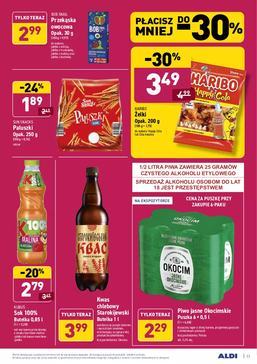 Gazetka promocyjna Aldi - ALE! CENA w ALDI - ważna 06.04 do 10.04.2021 - strona 23 - produkty: Chleb, Gra, Haribo, Kije, Koc, Kubuś, Okocim, Piwa, Piwo, Piwo jasne, Sok, Tera