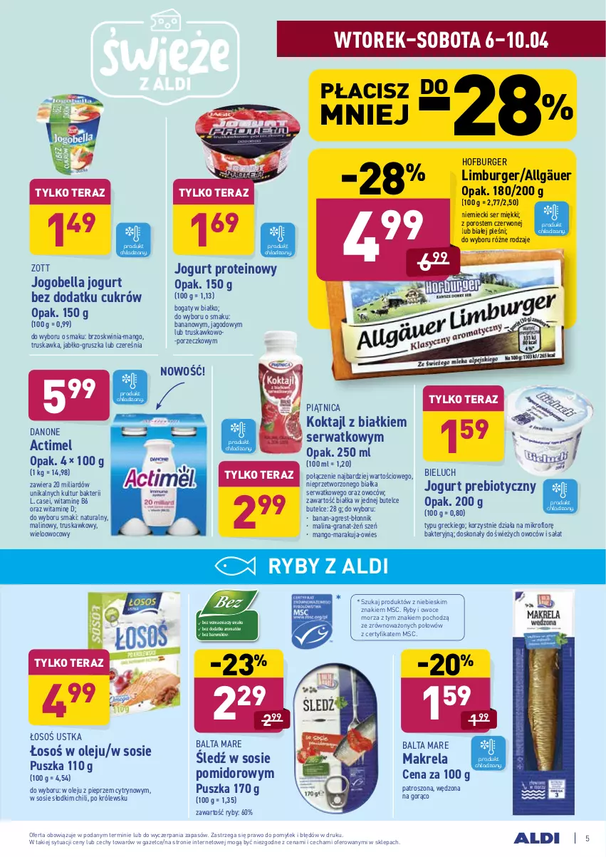 Gazetka promocyjna Aldi - ALE! CENA w ALDI - ważna 06.04 do 10.04.2021 - strona 5 - produkty: Actimel, Balta Mare, Bell, Bella, Bieluch, Burger, Danone, Gra, Granat, Gres, Hofburger, Jogobella, Jogurt, LG, Limburger, Mango, Olej, Owoce, Owoce morza, Piątnica, Pieprz, Por, Ryby i owoce morza, Sałat, Ser, Sos, Tera, Zott