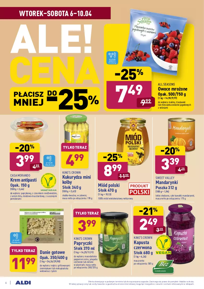 Gazetka promocyjna Aldi - ALE! CENA w ALDI - ważna 06.04 do 10.04.2021 - strona 6 - produkty: All Seasons, Danie gotowe, Feta, Grill, Kawa, King’s Crown, Kukurydza, Maliny, Mandarynki, Miód, Mus, Nektar, Owoce, Ryż, Ser, Tera, Truskawki, Wołowina