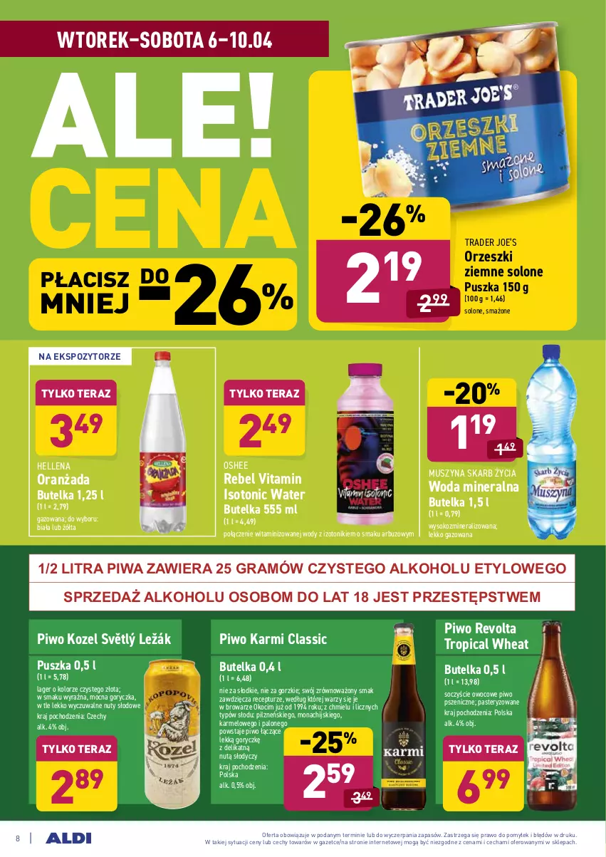 Gazetka promocyjna Aldi - ALE! CENA w ALDI - ważna 06.04 do 10.04.2021 - strona 8 - produkty: Arbuz, Gra, Hellena, Karmi, Koc, Kozel, Mus, Nuty, Okocim, Oranżada, Orzeszki, Orzeszki ziemne, Oshee, Piwa, Piwo, Sok, Szyna, Tera, Tonik, Tropical, Woda, Woda mineralna