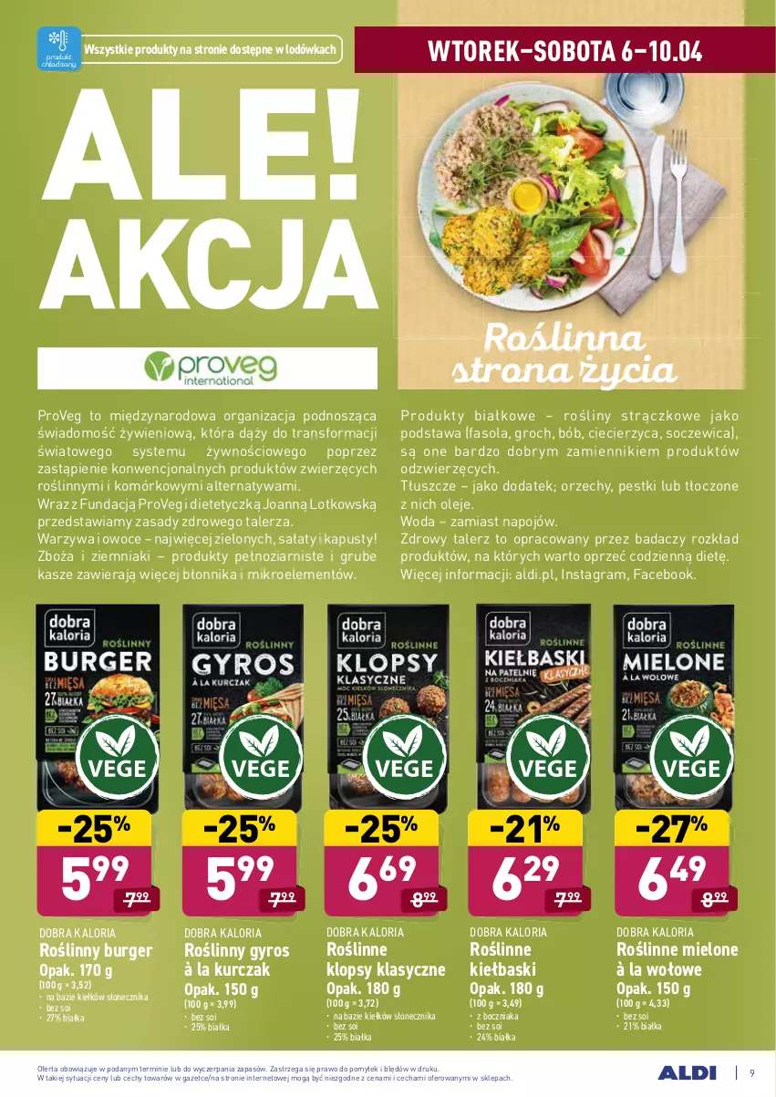 Gazetka promocyjna Aldi - ALE! CENA w ALDI - ważna 06.04 do 10.04.2021 - strona 9 - produkty: Boczniak, Burger, Fa, Fasola, Gra, Groch, Gyros, Kurczak, Lodówka, Olej, Owoce, Roślinne kiełbaski, Roślinny burger, Roślinny gyros, Sałat, Talerz, Tran, Warzywa, Warzywa i owoce, Woda, Ziemniaki