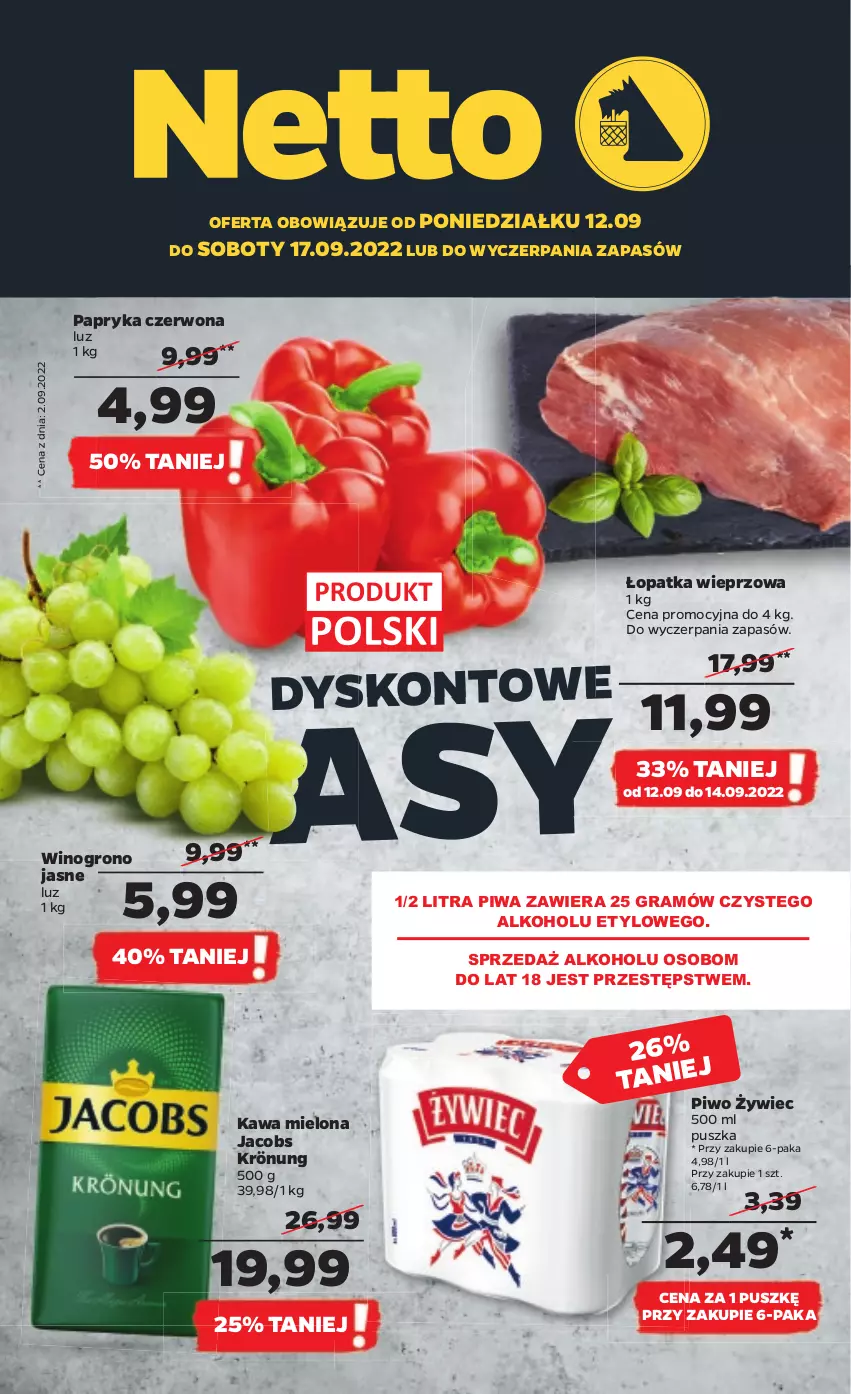 Gazetka promocyjna Netto - Artykuły spożywcze - ważna 12.09 do 17.09.2022 - strona 1 - produkty: Gra, Jacobs, Jacobs Krönung, Kawa, Kawa mielona, Papryka, Papryka czerwona, Piwa, Piwo, Wino