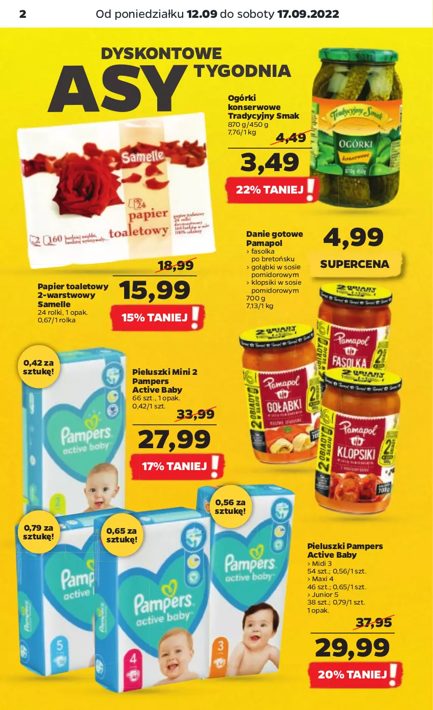 Gazetka promocyjna Netto - Artykuły spożywcze - ważna 12.09 do 17.09.2022 - strona 2 - produkty: Danie gotowe, Fa, Klopsiki, Ogórki konserwowe, Pampers, Papier, Papier toaletowy, Rolki, Ser, Sos