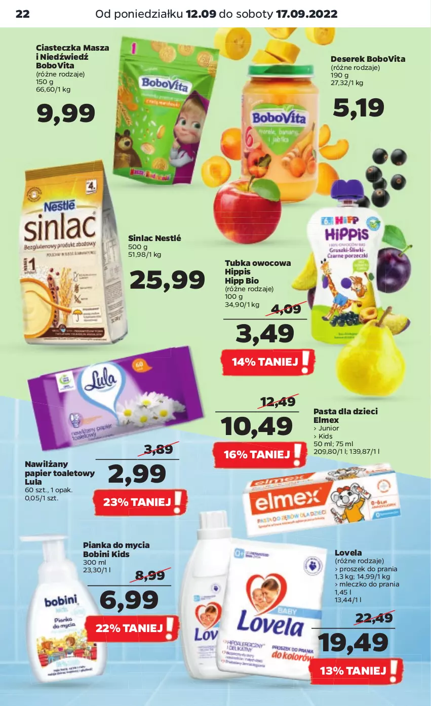 Gazetka promocyjna Netto - Artykuły spożywcze - ważna 12.09 do 17.09.2022 - strona 22 - produkty: BoboVita, Deser, Dzieci, Elmex, HiPP, Hipp Bio, Lovela, Masza i Niedźwiedź, Mleczko, Mleczko do prania, Nawilżany papier, Nestlé, Papier, Papier toaletowy, Proszek do prania, Ser, Serek, Sinlac