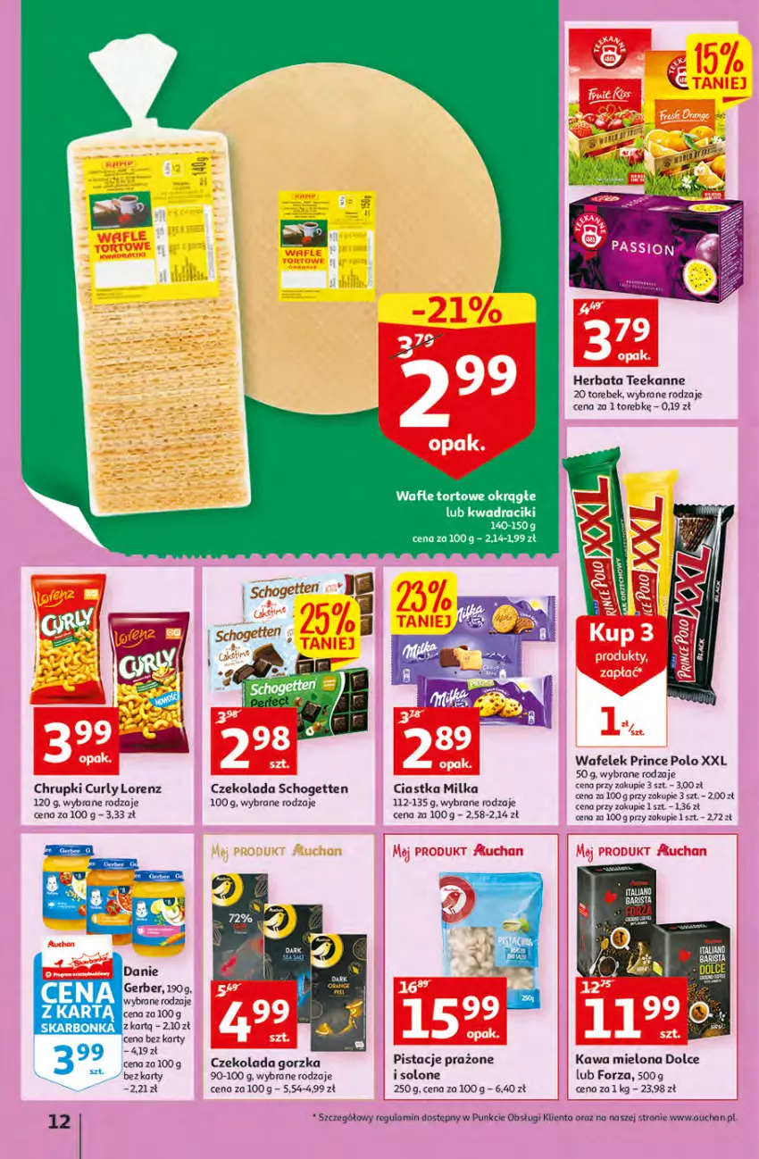 Gazetka promocyjna Auchan - przeNISKIE CENY WAKACYJNE przeOKAZJE Hipermarkety - ważna 23.06 do 29.06.2022 - strona 12 - produkty: Chrupki, Ciastka, Czekolada, Fa, Gerber, Herbata, Lorenz, Milka, Prince Polo, Schogetten, Teekanne, Tran, Wafelek, Wafle, Wafle tortowe