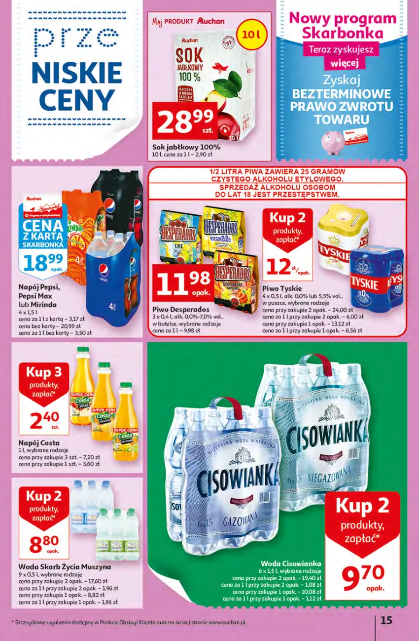 Gazetka promocyjna Auchan - przeNISKIE CENY WAKACYJNE przeOKAZJE Hipermarkety - ważna 23.06 do 29.06.2022 - strona 15 - produkty: Cisowianka, Desperados, LG, Mirinda, Mus, Napój, Pepsi, Pepsi max, Piwo, Ryż, Sok, Sok jabłkowy, Szyna, Tyskie, Woda