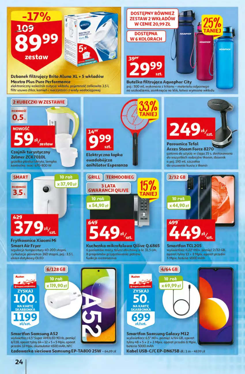 Gazetka promocyjna Auchan - przeNISKIE CENY WAKACYJNE przeOKAZJE Hipermarkety - ważna 23.06 do 29.06.2022 - strona 24 - produkty: Akumulator, Amol, Aquaphor, Bateria, Brit, Brita, Czajnik, Dzbanek, Dzbanek filtrujący, Fa, Gala, Gra, Grill, Grzałka, Kabel USB, Kuchenka mikrofalowa, Parownica, Por, Pur, Samsung, Smartfon, Szczotka, Talerz, Tefal, Top, Warka, Zelmer