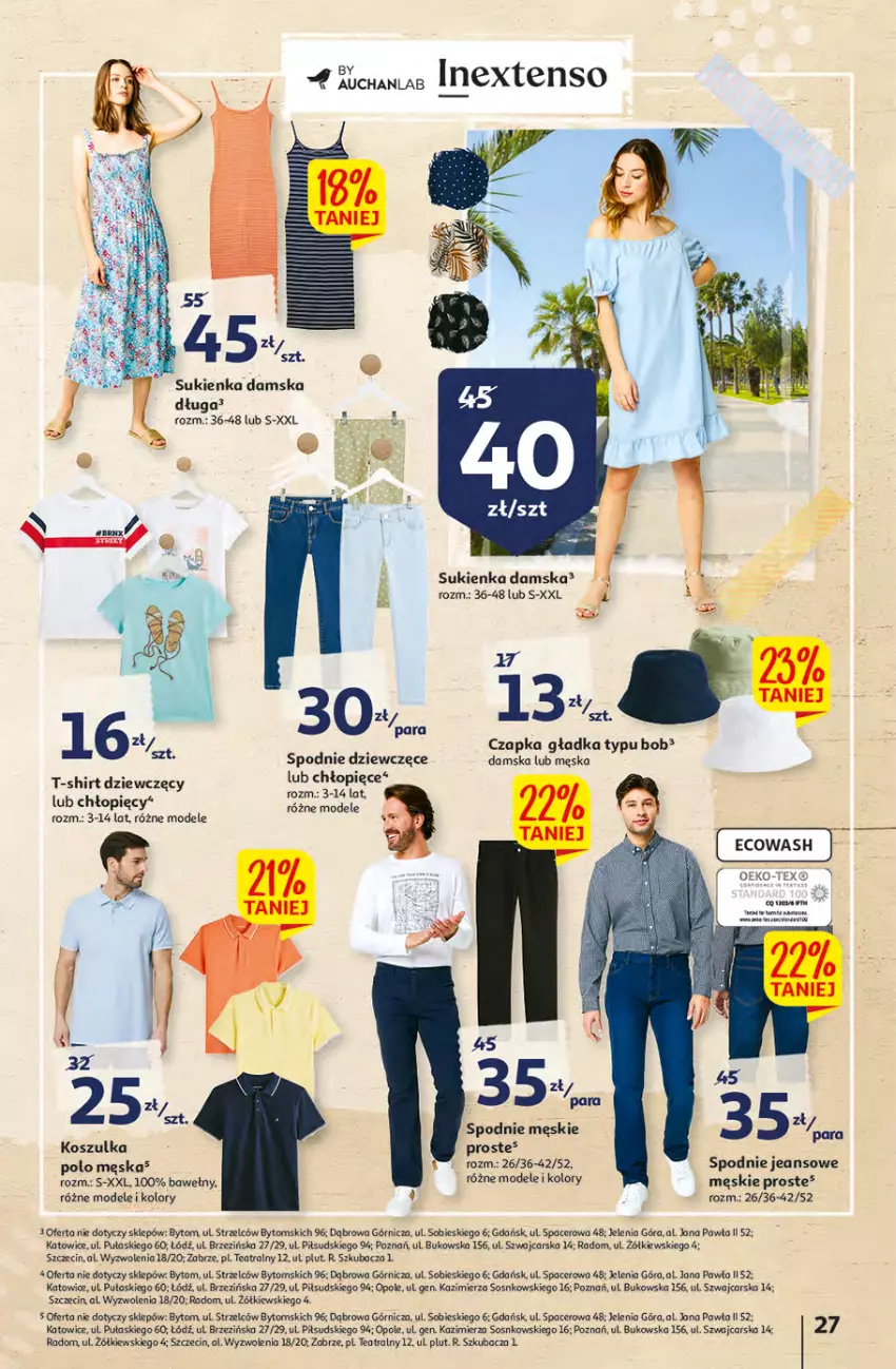 Gazetka promocyjna Auchan - przeNISKIE CENY WAKACYJNE przeOKAZJE Hipermarkety - ważna 23.06 do 29.06.2022 - strona 27 - produkty: Acer, Cars, Czapka, Fa, Kosz, Koszulka, Por, Sos, Spodnie, Spodnie jeans, Sukienka, T-shirt