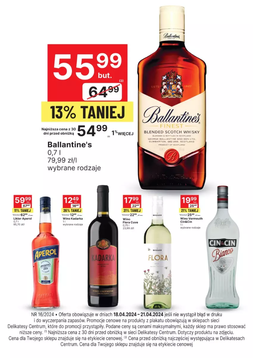 Gazetka promocyjna Delikatesy Centrum - Folder alkoholowy DC16 - ważna 18.04 do 21.04.2024 - strona 2 - produkty: Aperol, Ballantine's, Flora, Likier, Rum, Vermouth, Wino