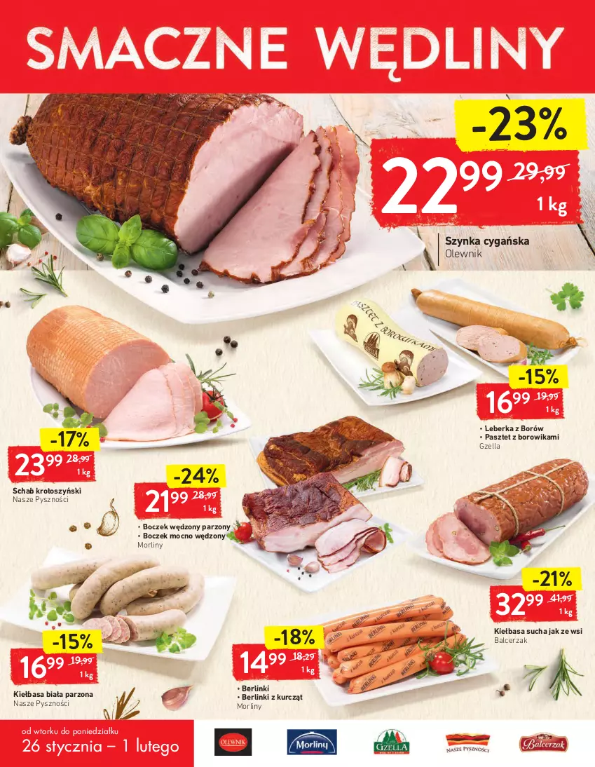 Gazetka promocyjna Intermarche - Maxi Okazje - ważna 26.01 do 01.02.2021 - strona 12 - produkty: Berlinki, Boczek, Kiełbasa, Kiełbasa biała, Leberka, Morliny, Olewnik, Pasztet, Schab krotoszyński, Szynka, Szynka cygańska