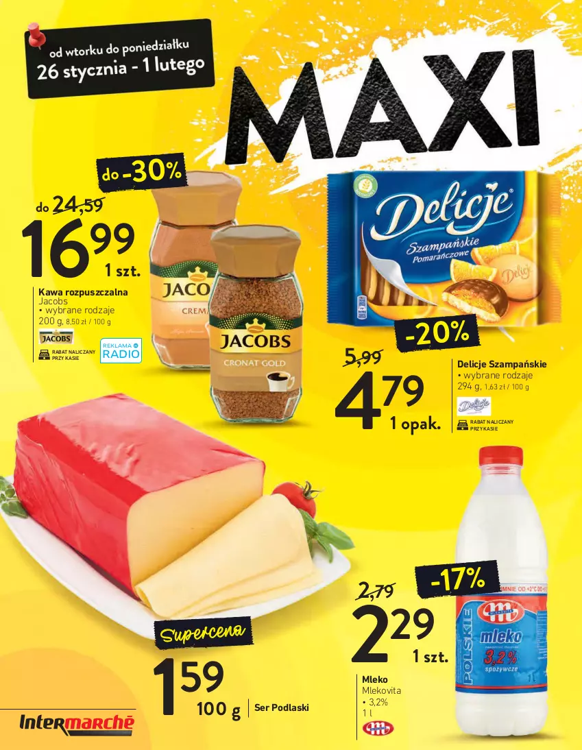 Gazetka promocyjna Intermarche - Maxi Okazje - ważna 26.01 do 01.02.2021 - strona 2 - produkty: Delicje, Jacobs, Kawa, Kawa rozpuszczalna, Mleko, Mlekovita, Podlaski, Ser