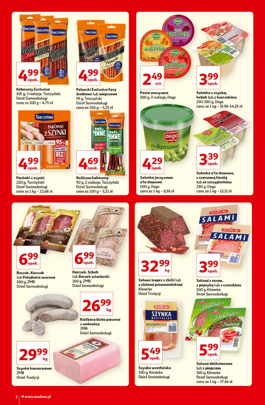 Gazetka promocyjna Auchan - Kultowe Marki Hipermarkety - ważna 09.09 do 15.09.2021 - strona 2 - produkty: Boczek, Dega, Fa, Kabanos, Kebab, Kiełbasa, Kiełbasa biała, Kurczak, Parówki, Parówki z szynki, Pasta warzywna, Pieprz, Polędwica, Roślinne kabanosy, Salami, Sałat, Sałatka, Ser, Szynka, Szynka konserwowa, Tarczyński