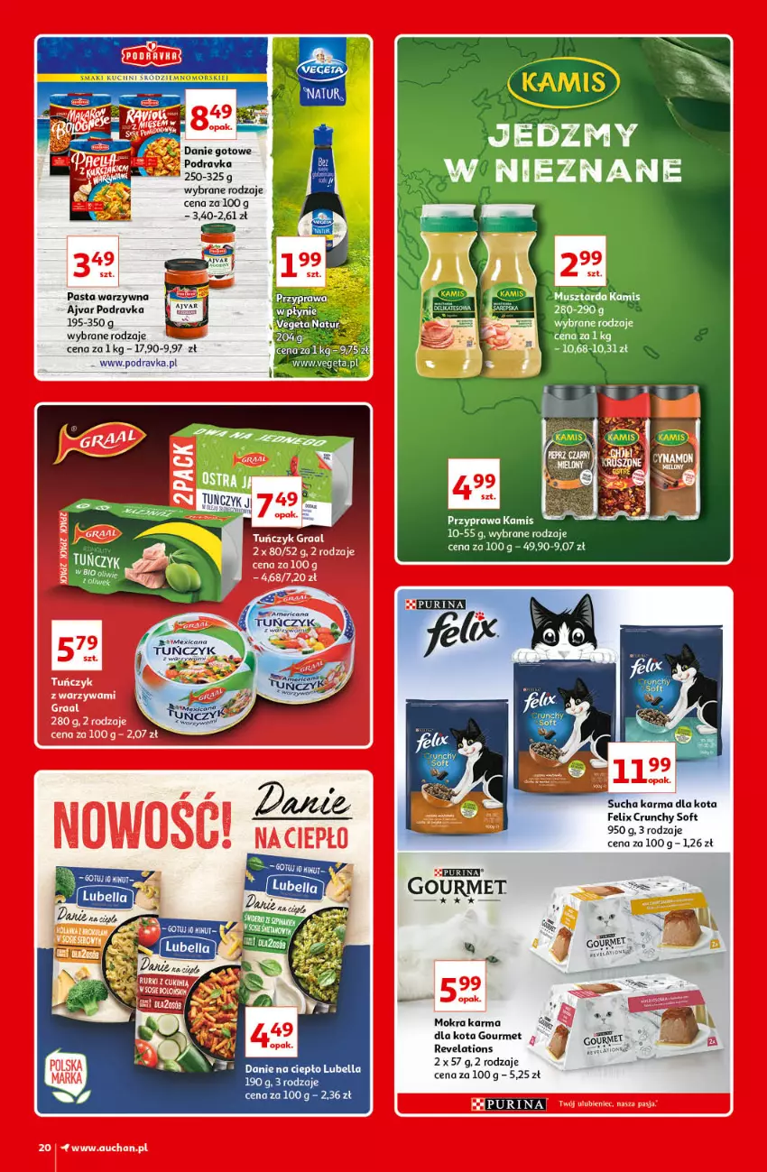 Gazetka promocyjna Auchan - Kultowe Marki Hipermarkety - ważna 09.09 do 15.09.2021 - strona 20 - produkty: Bell, Bella, Felix, Kamis, Lubella, Mokra karma, Mus, Musztarda, Pasta warzywna, Podravka, Pur, Purina, Sucha karma