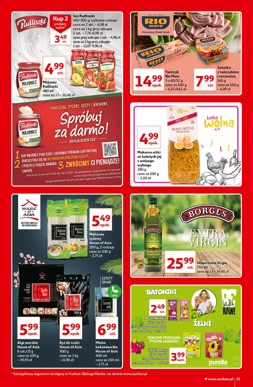 Gazetka promocyjna Auchan - Kultowe Marki Hipermarkety - ważna 09.09 do 15.09.2021 - strona 21 - produkty: House of Asia, Kokos, LG, Makaron, Makaron ryżowy, Mleko, Mleko kokosowe, Pudliszki, Rio Mare, Ryż, Ryż do sushi, Sałat, Sałatka, Sos, Sushi, Tuńczyk