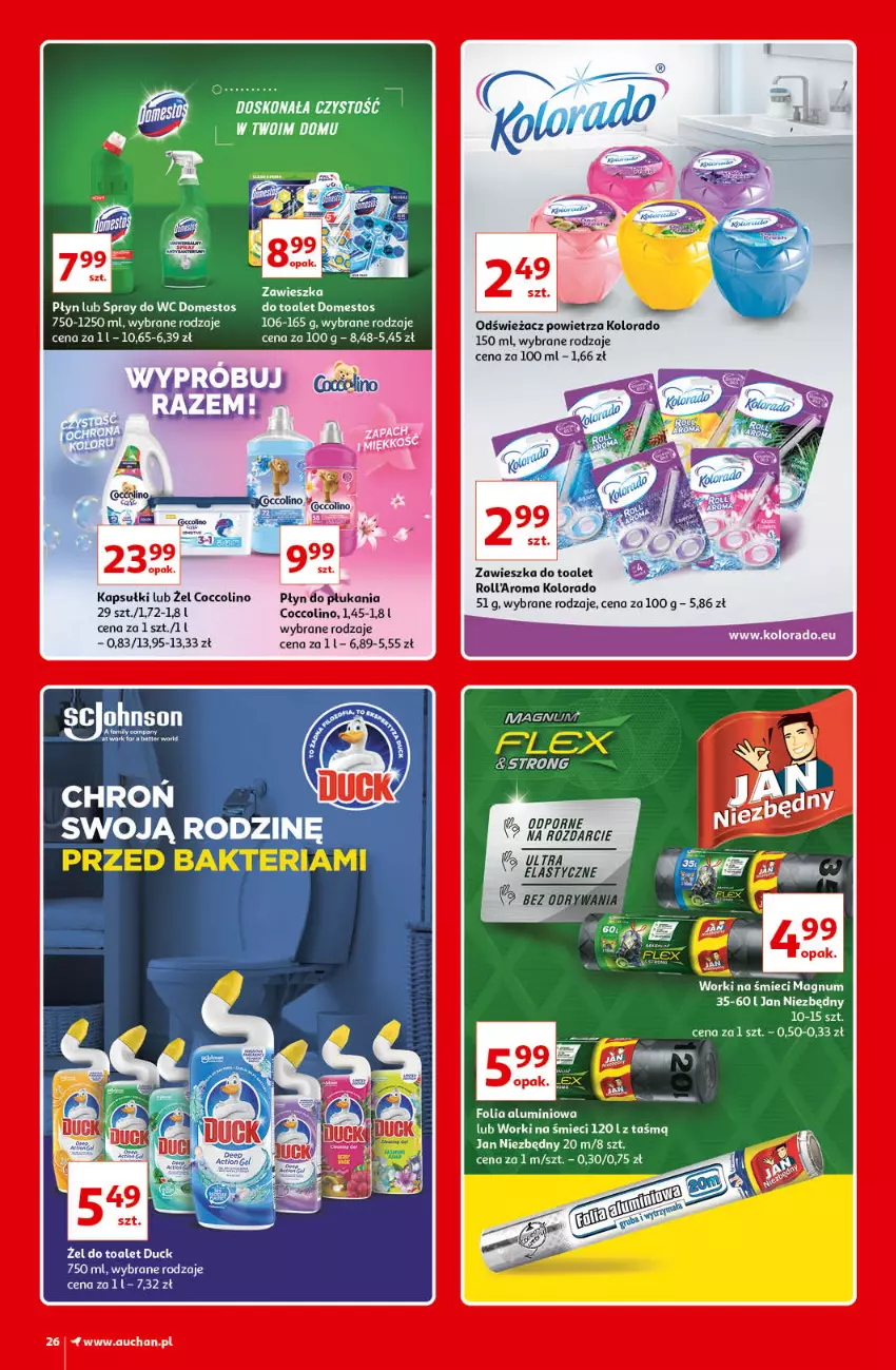 Gazetka promocyjna Auchan - Kultowe Marki Hipermarkety - ważna 09.09 do 15.09.2021 - strona 26 - produkty: Coccolino, Domestos, Duck, Fa, Jan Niezbędny, Kolorado, Odświeżacz powietrza, Płyn do płukania, Por, Worki na śmiec, Worki na śmieci