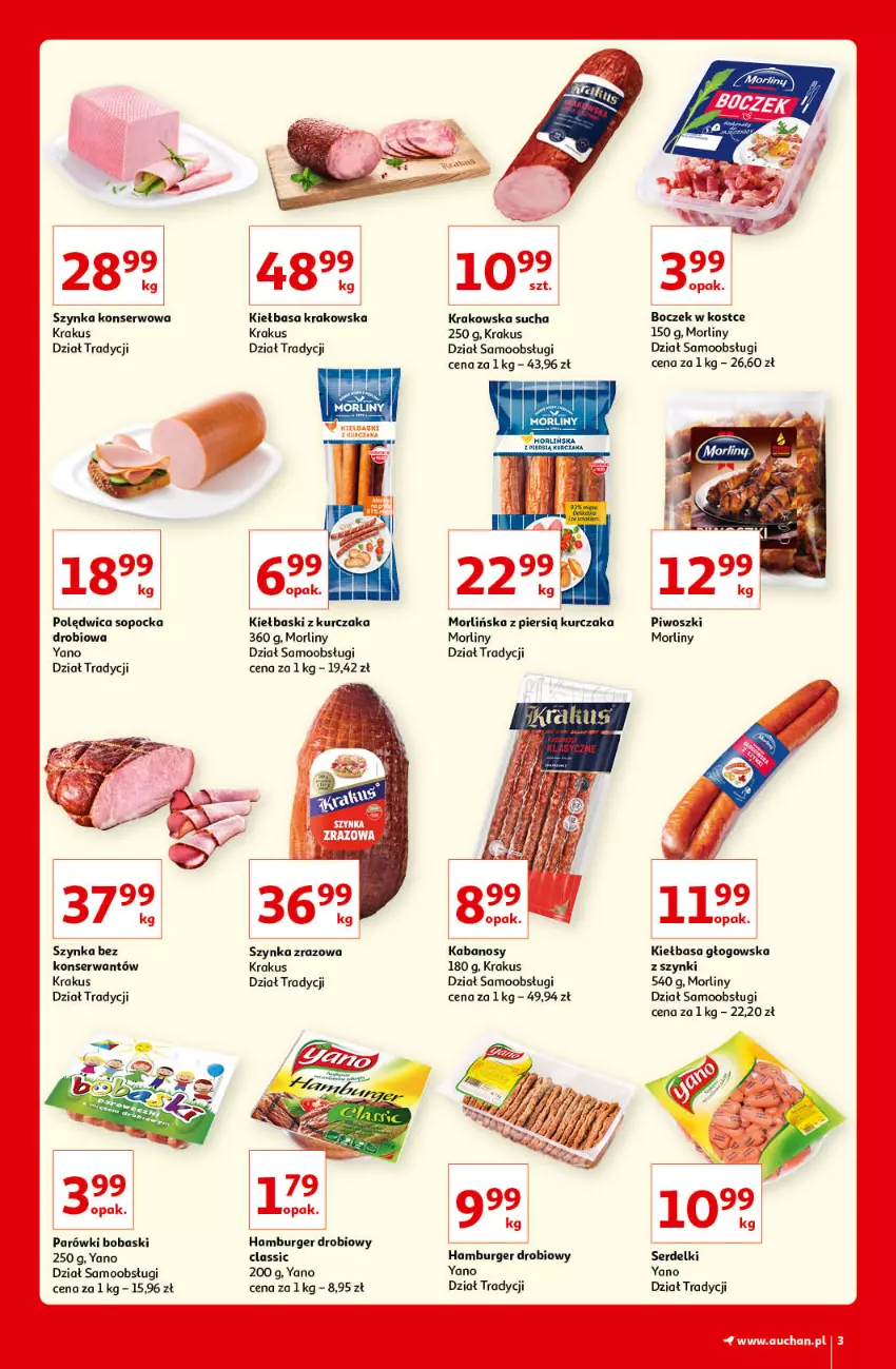 Gazetka promocyjna Auchan - Kultowe Marki Hipermarkety - ważna 09.09 do 15.09.2021 - strona 3 - produkty: Boczek, Burger, Hamburger, Kabanos, Kiełbasa, Kiełbasa głogowska, Kiełbasa krakowska, Krakus, Kurczak, Morliny, Parówki, Piwo, Polędwica, Ser, Serdelki, Szynka, Szynka konserwowa