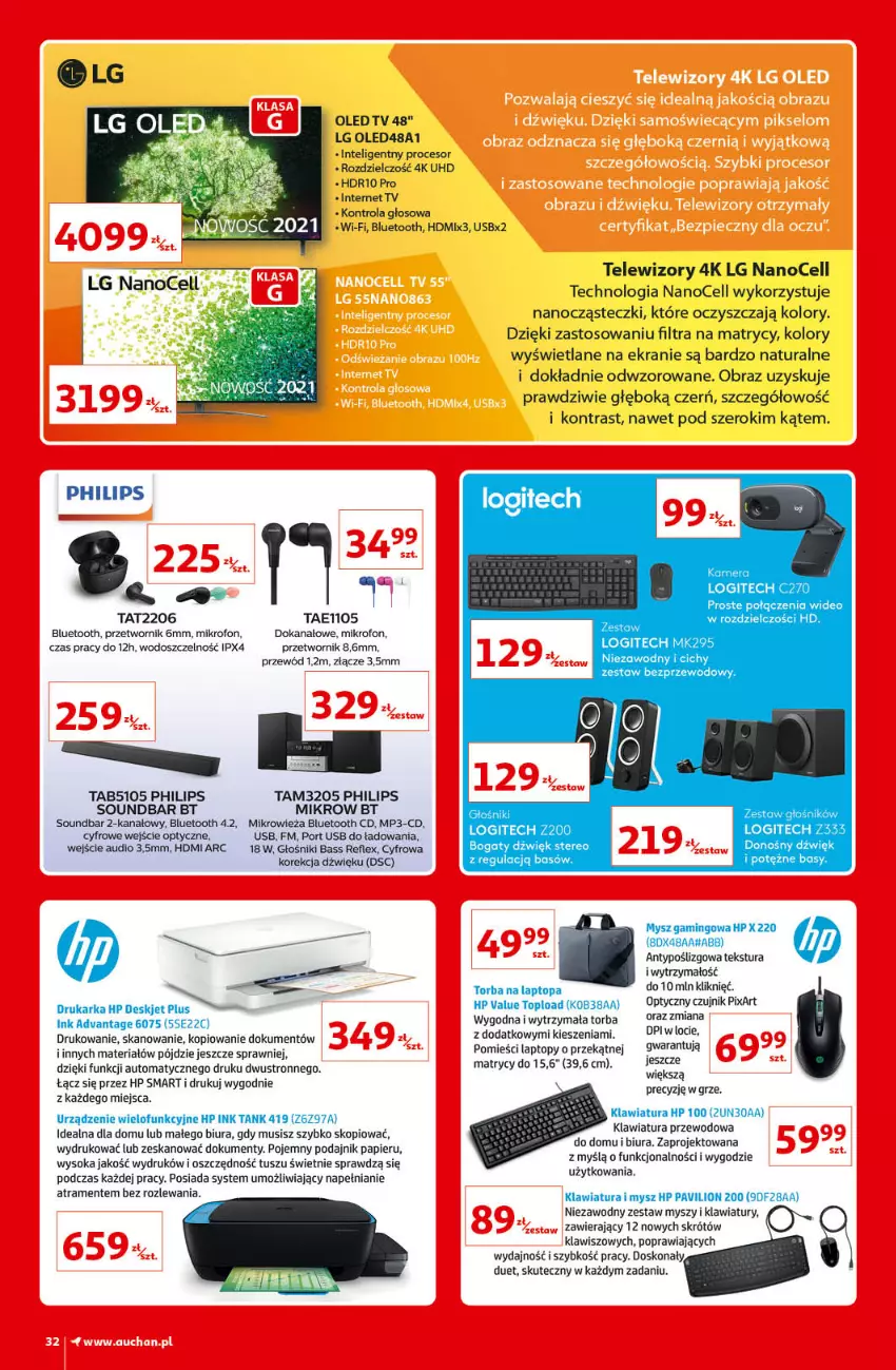 Gazetka promocyjna Auchan - Kultowe Marki Hipermarkety - ważna 09.09 do 15.09.2021 - strona 32 - produkty: Drukarka, Głośnik, HP, Intel, K2, Klawiatura, Kotlet, LED TV, LG, Lion, Logitech, Mikrofon, Mikrowieża, Mus, Mysz, Obraz, Papier, Philips, Procesor, Przewód, Sok, Soundbar, Telewizor, Telewizory, Top, Torba, Torba na laptopa, Tusz, Urządzenie wielofunkcyjne, Zlew