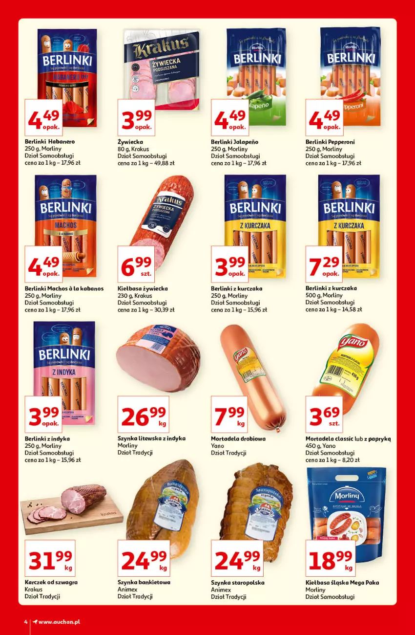 Gazetka promocyjna Auchan - Kultowe Marki Hipermarkety - ważna 09.09 do 15.09.2021 - strona 4 - produkty: Berlinki, Gra, Kabanos, Kiełbasa, Kiełbasa śląska, Kiełbasa zywiecka, Krakus, Kurczak, Morliny, Szynka