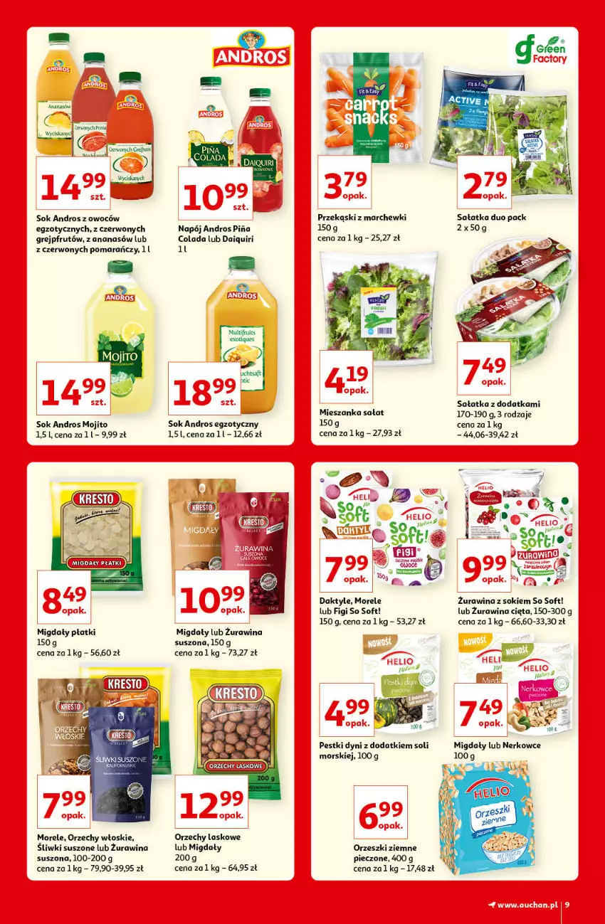 Gazetka promocyjna Auchan - Kultowe Marki Hipermarkety - ważna 09.09 do 15.09.2021 - strona 9 - produkty: Ananas, Daktyle, Figi, Grejpfrut, Helio, Mieszanka sałat, Migdały, Napój, Orzechy włoskie, Orzeszki, Orzeszki ziemne, Pestki dyni, Piec, Sałat, Sałatka, Sok