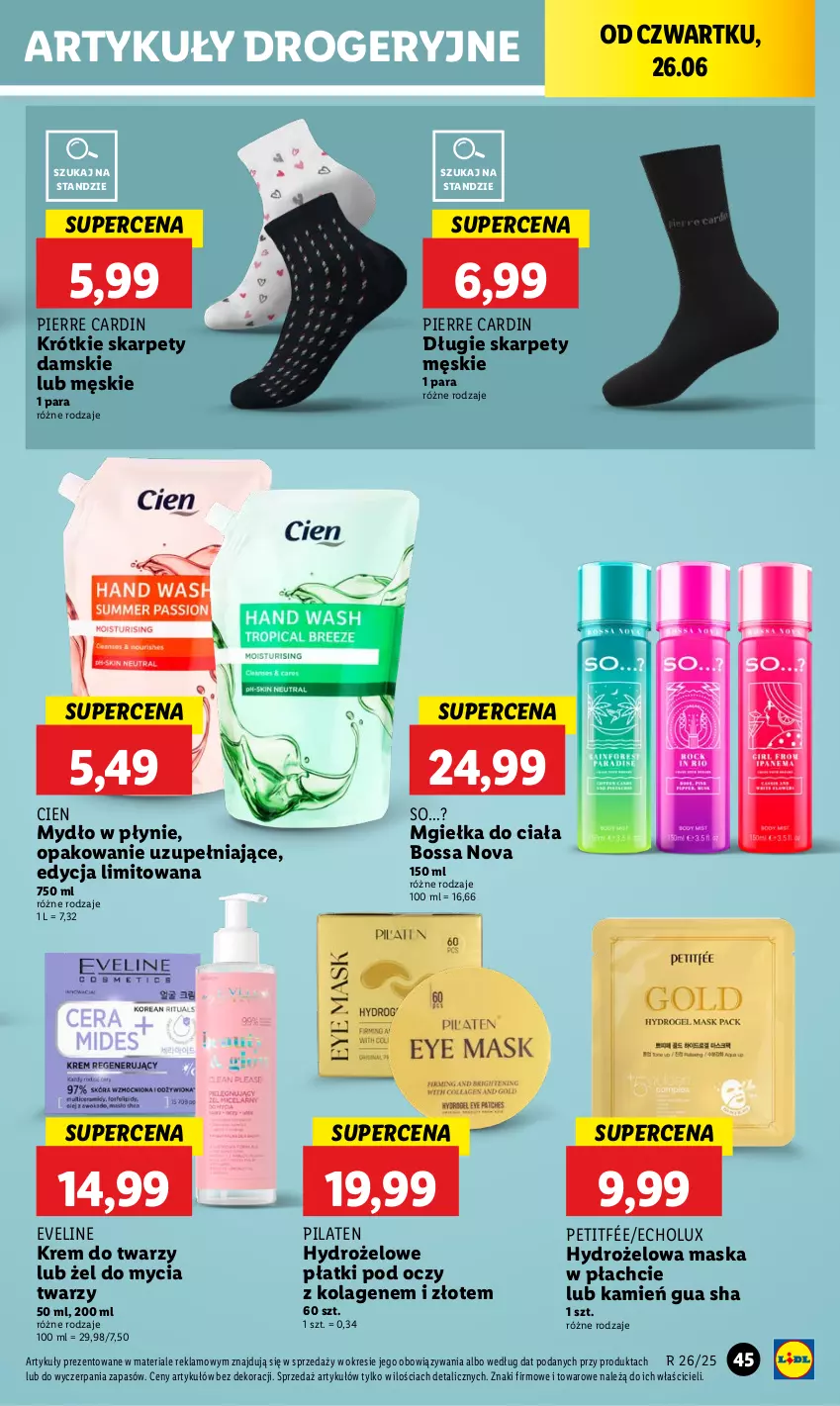 Gazetka promocyjna Lidl - GAZETKA - ważna 26.06 do 29.06.2025 - strona 55 - produkty: Eveline, Hydrożelowe płatki pod oczy, Karp, Kolagen, Krem do twarzy, Maska, Maska w płachcie, Mydło, Mydło w płynie, Pierre Cardin