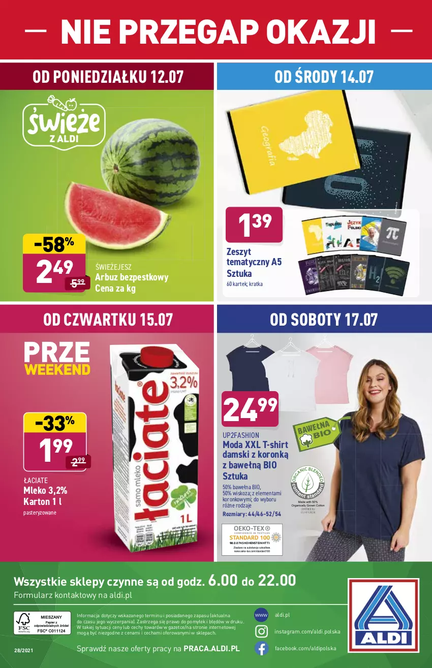 Gazetka promocyjna Aldi - ważna 14.07 do 17.07.2021 - strona 12 - produkty: Arbuz, Fa, Gra, Mleko, Moda, T-shirt, Wełna