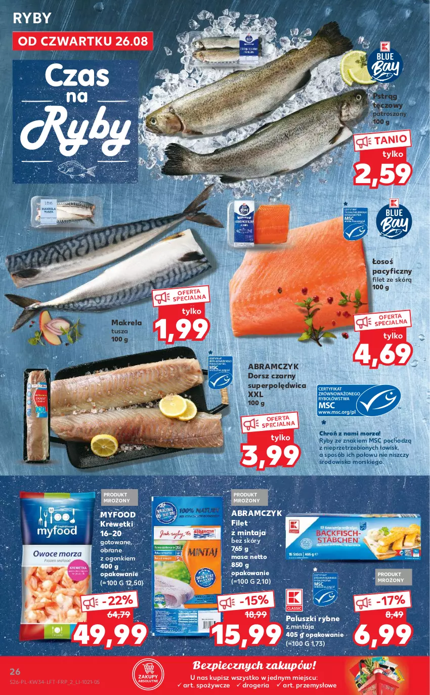 Gazetka promocyjna Kaufland - OFERTA TYGODNIA - ważna 26.08 do 01.09.2021 - strona 26 - produkty: Dorsz, Filet z mintaja, Krewetki, Mintaj, Paluszki rybne, Piec, Polędwica, Pstrąg, Pstrąg tęczowy, Tusz