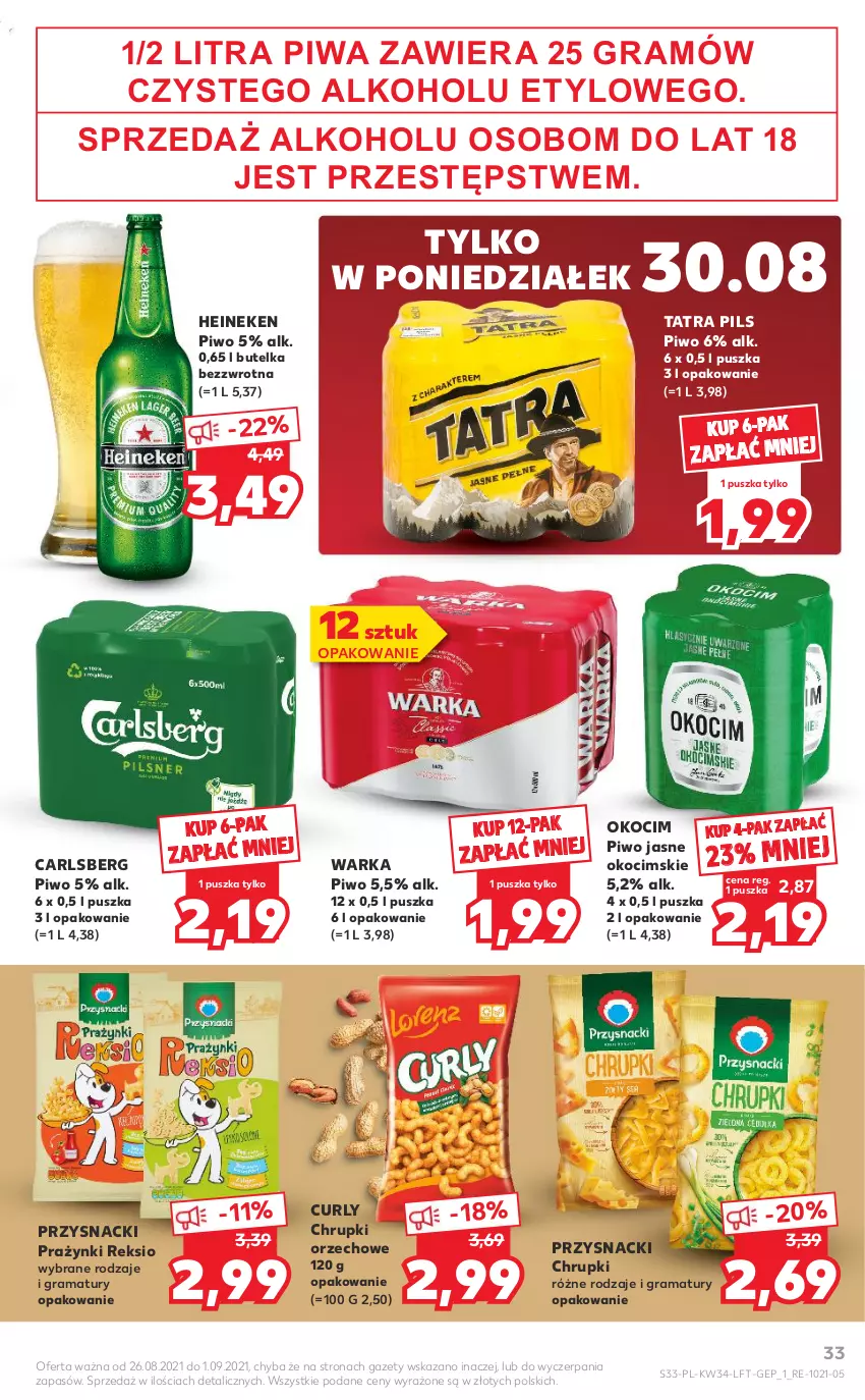 Gazetka promocyjna Kaufland - OFERTA TYGODNIA - ważna 26.08 do 01.09.2021 - strona 33 - produkty: Carlsberg, Chrupki, Gra, Heineken, Koc, Okocim, Piwa, Piwo, Piwo jasne, Przysnacki, Rama, Tatra, Warka