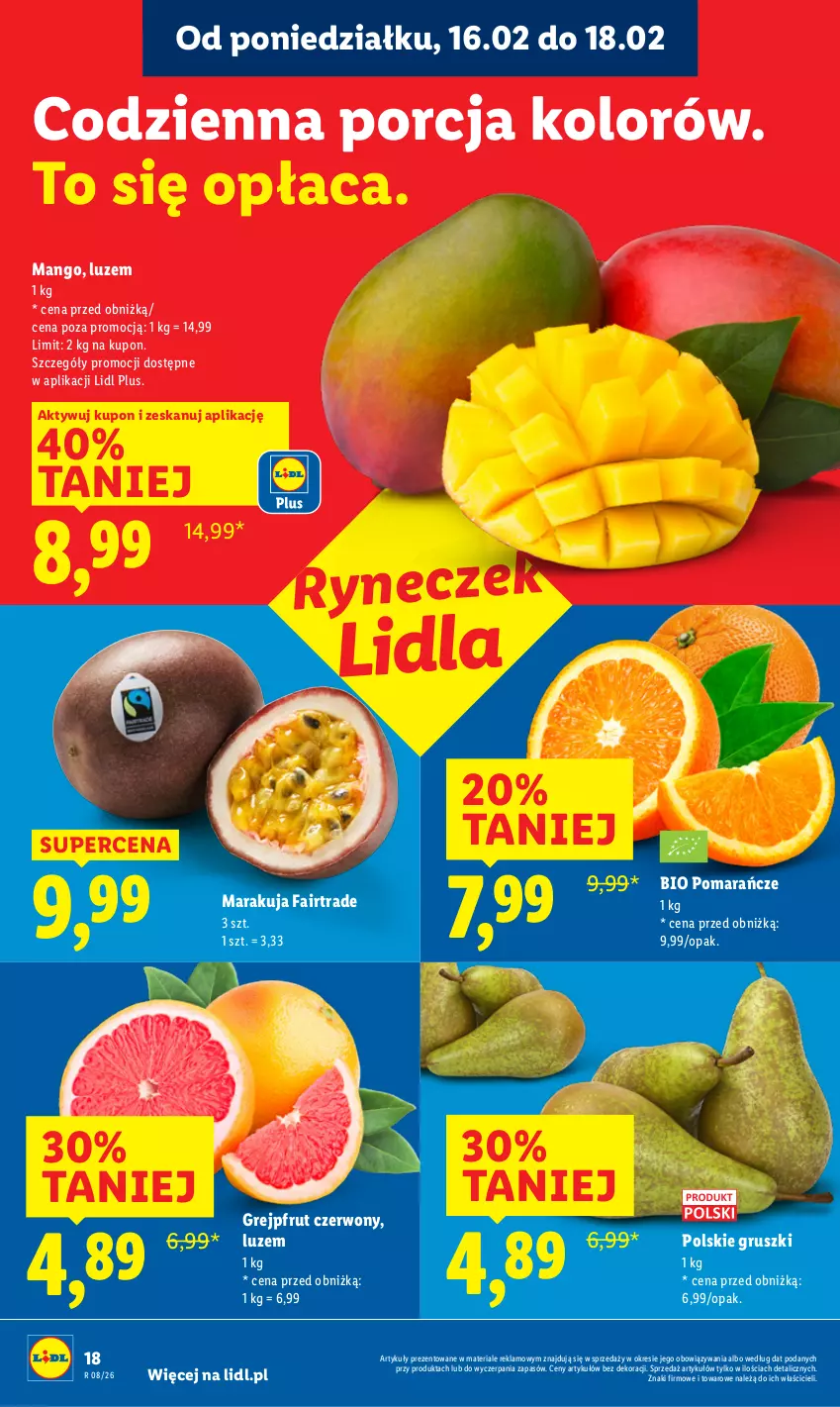 Gazetka promocyjna Lidl - GAZETKA - ważna 16.02 do 18.02.2026 - strona 18 - produkty: Fa, Grejpfrut, Gruszki, Mango, Pomarańcze, Por