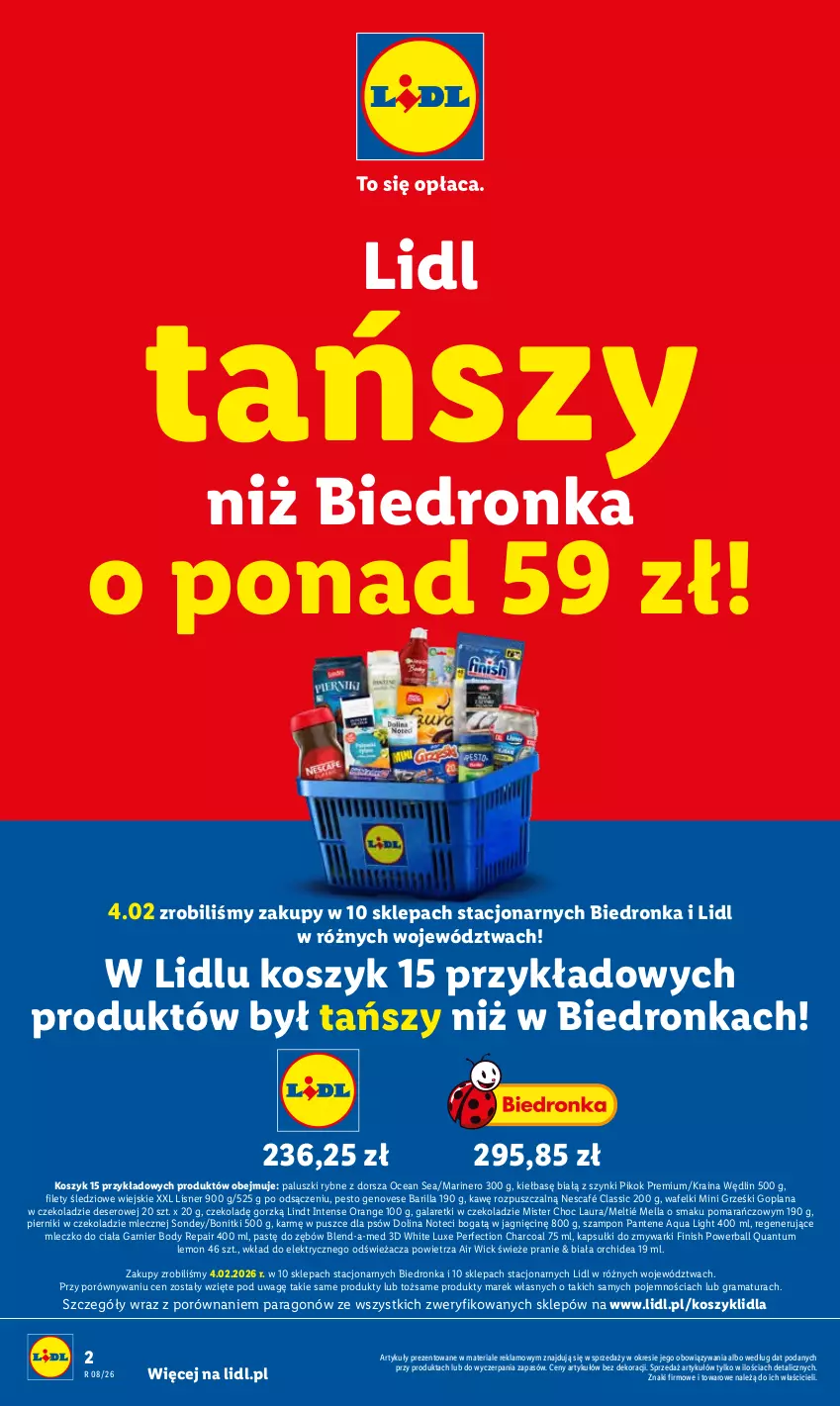 Gazetka promocyjna Lidl - GAZETKA - ważna 16.02 do 18.02.2026 - strona 2 - produkty: Air Wick, Barilla, Blend-a-Med, Body, Bonitki, Deser, Dorsz, Dron, Finish, Gala, Galaretki, Garnier, Goplana, Gra, Grześki, Kosz, LANA, Laur, Lindt, Lisner, Mini Grześki, Mleczko, Mleczko do ciała, Nescafé, Paluszki rybne, Pantene, Pesto, Piernik, Pierniki w czekoladzie, PIKOK, Por, Rama, Ser, Szampon, Zmywarki