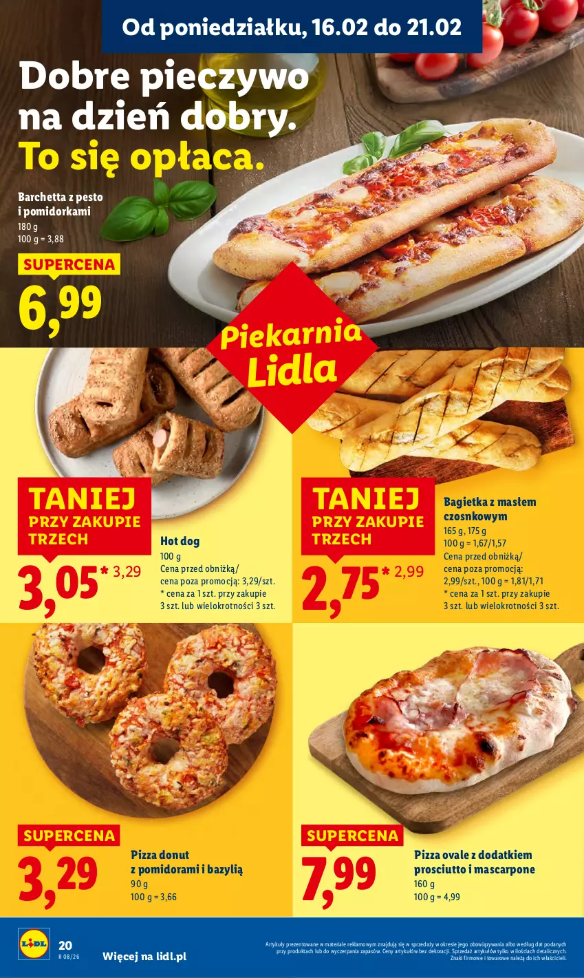 Gazetka promocyjna Lidl - GAZETKA - ważna 16.02 do 18.02.2026 - strona 20 - produkty: Bagietka, Bazyl, Donut, Hot dog, Mascarpone, Orka, Pesto, Piec, Pieczywo, Pizza, Prosciutto