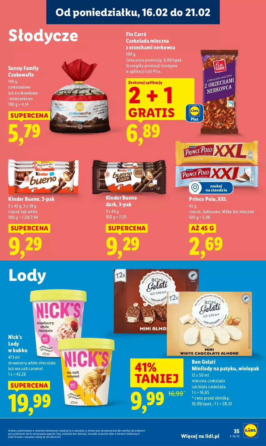 Gazetka promocyjna Lidl - GAZETKA - ważna 16.02 do 18.02.2026 - strona 35 - produkty: Czekolada, Czekolada mleczna, Fa, Gra, Kinder, Kinder Bueno, Kokos, Lody, Milka, Prince Polo, Wafle