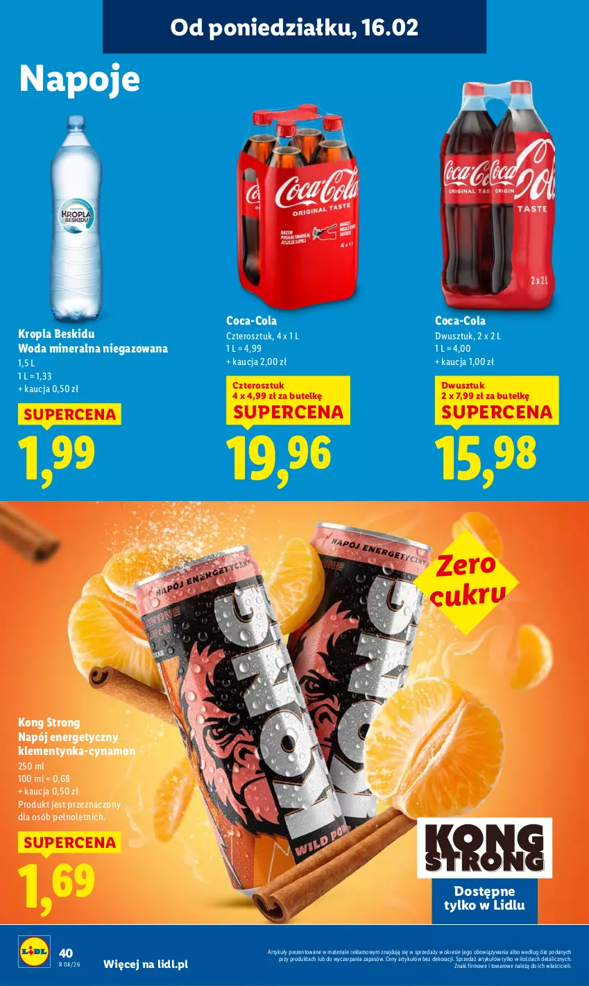 Gazetka promocyjna Lidl - GAZETKA - ważna 16.02 do 18.02.2026 - strona 40 - produkty: Coca-Cola, Napój, Napój energetyczny, Napoje, Woda, Woda mineralna