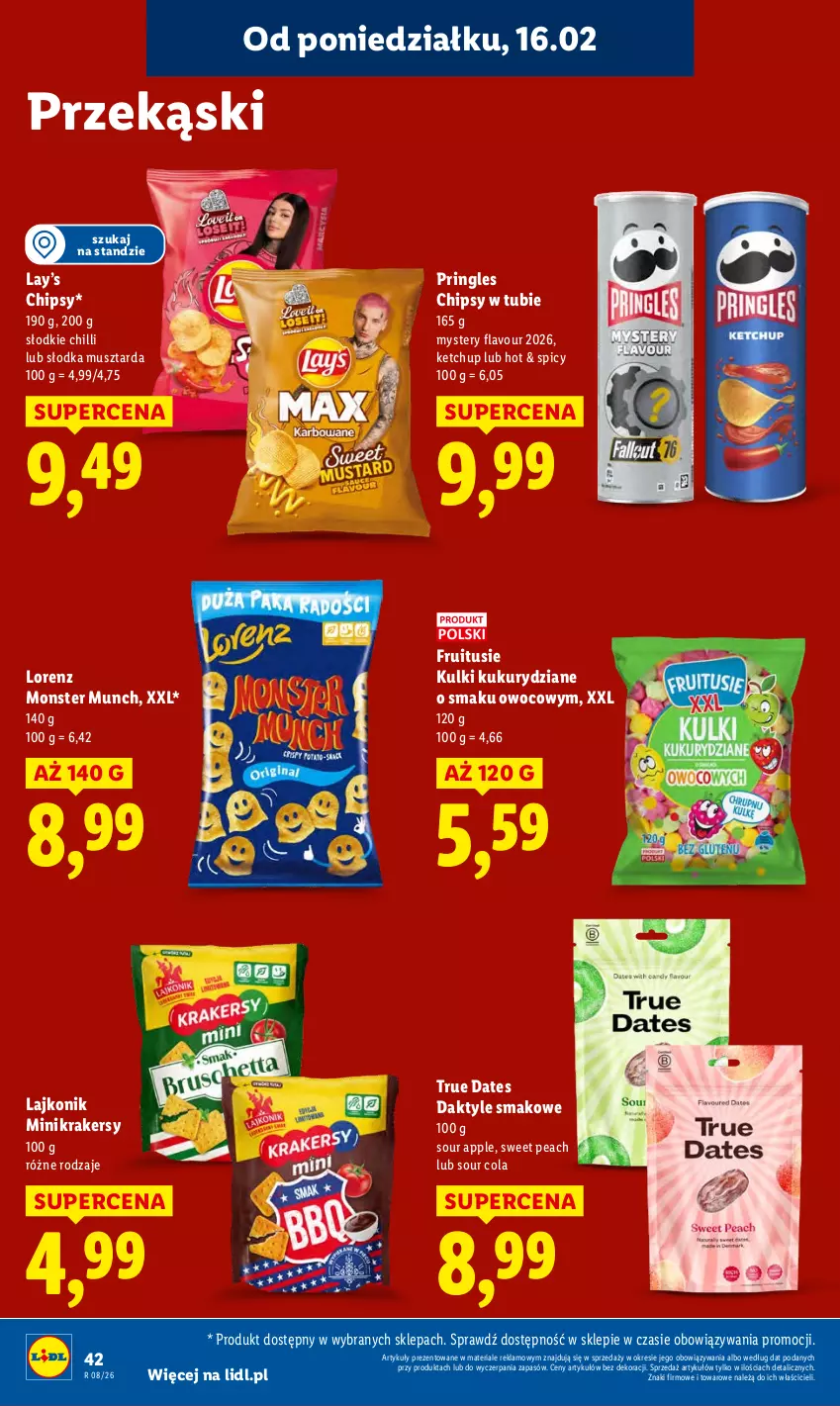 Gazetka promocyjna Lidl - GAZETKA - ważna 16.02 do 18.02.2026 - strona 42 - produkty: Chipsy, Daktyle, Ketchup, Krakersy, Lajkonik, Lay’s, Lorenz, Monster Munch, Mus, Musztarda, Pringles