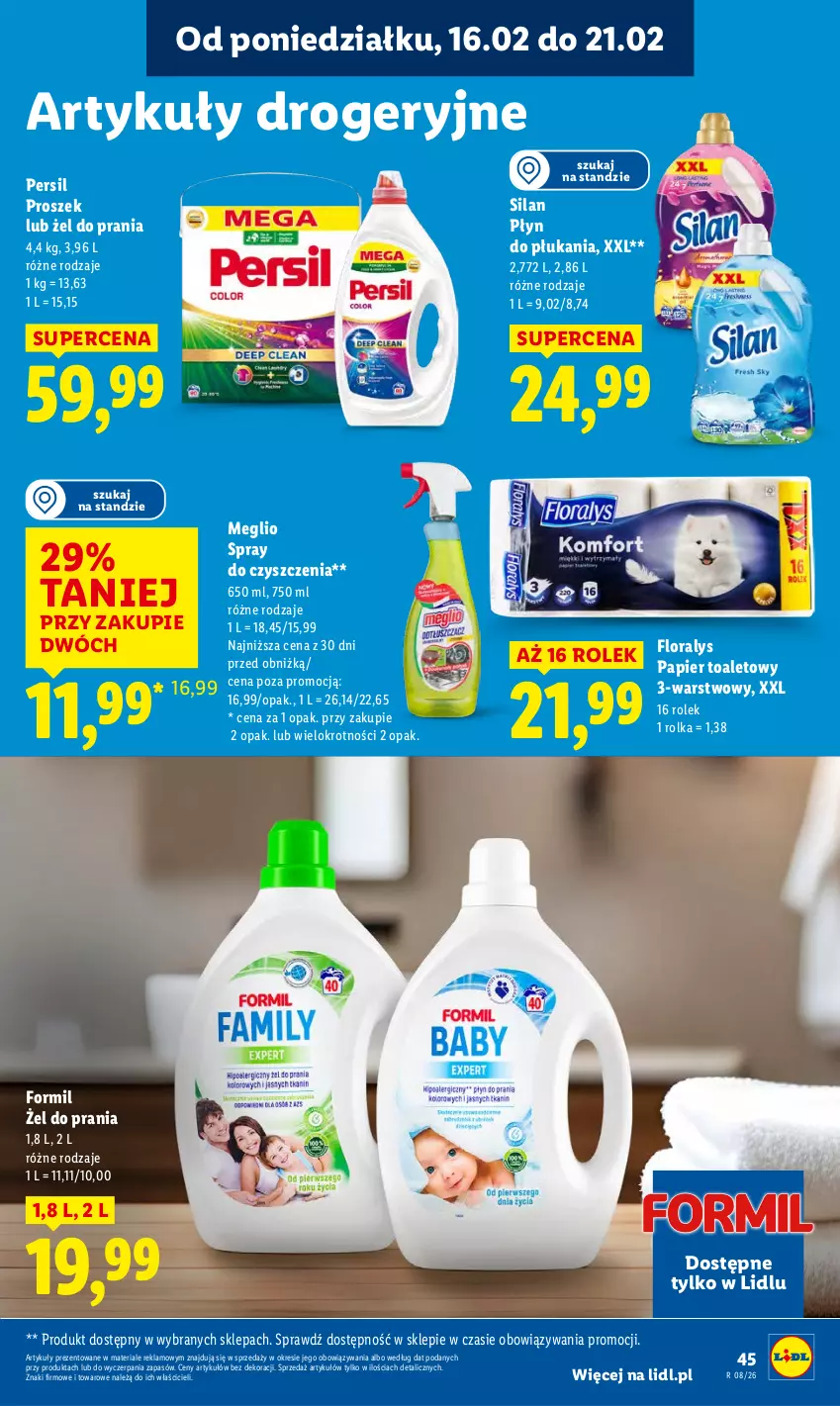 Gazetka promocyjna Lidl - GAZETKA - ważna 16.02 do 18.02.2026 - strona 45 - produkty: Flora, Papier, Papier toaletowy, Persil, Płyn do płukania, Silan, Spray do czyszczenia