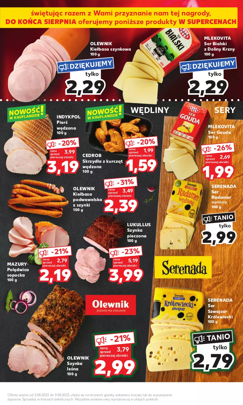 Gazetka promocyjna Kaufland - Mocny Start - ważna 07.08 do 09.08.2023 - strona 11 - produkty: Gouda, Kiełbasa, Kiełbasa podwawelska, Kiełbasa szynkowa, Mleko, Mlekovita, Olewnik, Piec, Polędwica, Radamer, Ser, Szynka, Wawel