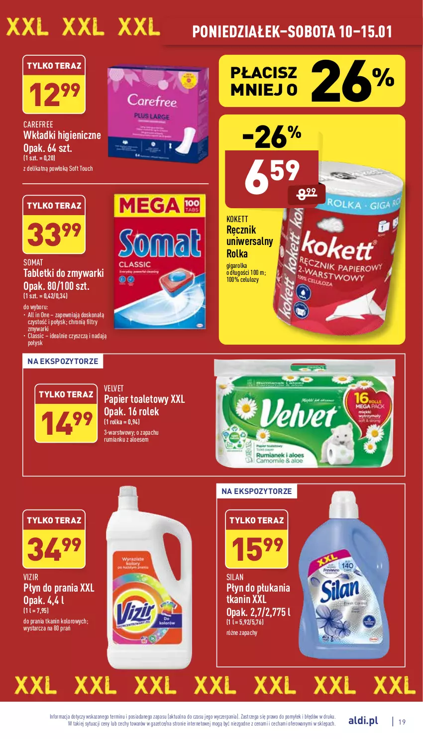 Gazetka promocyjna Aldi - Pełny katalog - ważna 10.01 do 15.01.2022 - strona 19 - produkty: Carefree, Papier, Papier toaletowy, Płyn do płukania, Płyn do prania, Ręcznik, Rum, Silan, Somat, Tablet, Tabletki do zmywarki, Tera, Velvet, Vizir, Wkładki, Zmywarki