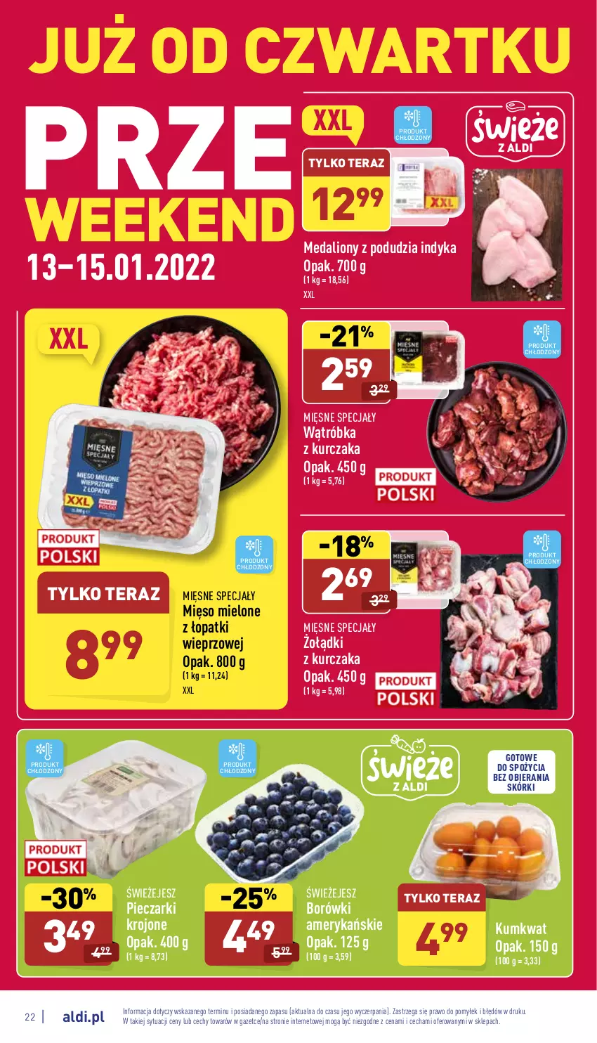 Gazetka promocyjna Aldi - Pełny katalog - ważna 10.01 do 15.01.2022 - strona 22 - produkty: Kumkwat, Kurczak, Lion, Mięsne specjały, Mięso, Mięso mielone, Mięso mielone z łopatki wieprzowej, Piec, Pieczarki krojone, Tera