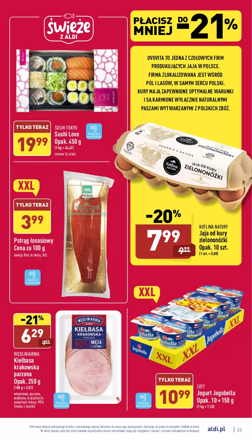 Gazetka promocyjna Aldi - Pełny katalog - ważna 10.01 do 15.01.2022 - strona 23 - produkty: Bell, Bella, Jaja, Jogobella, Jogurt, Karmi, Kiełbasa, Kiełbasa krakowska, Kotlin, Mięso, Pstrąg, Pstrąg łososiowy, Ser, Sos, Sushi, Tera, Zott