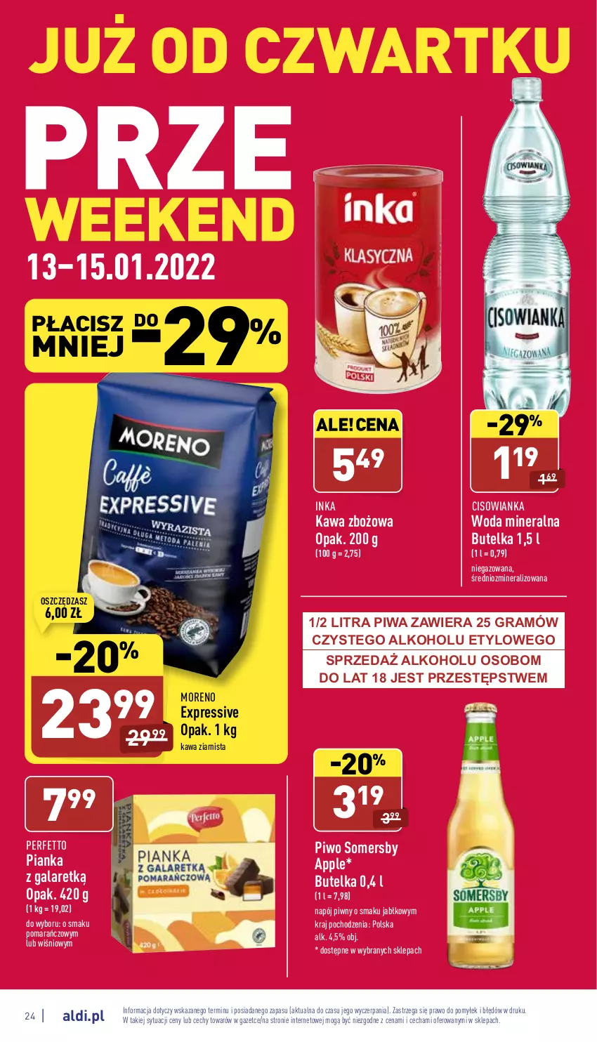 Gazetka promocyjna Aldi - Pełny katalog - ważna 10.01 do 15.01.2022 - strona 24 - produkty: Cisowianka, Gala, Gra, Inka, Kawa, Kawa zbożowa, Kawa ziarnista, Napój, Piwa, Piwo, Somersby, Woda, Woda mineralna