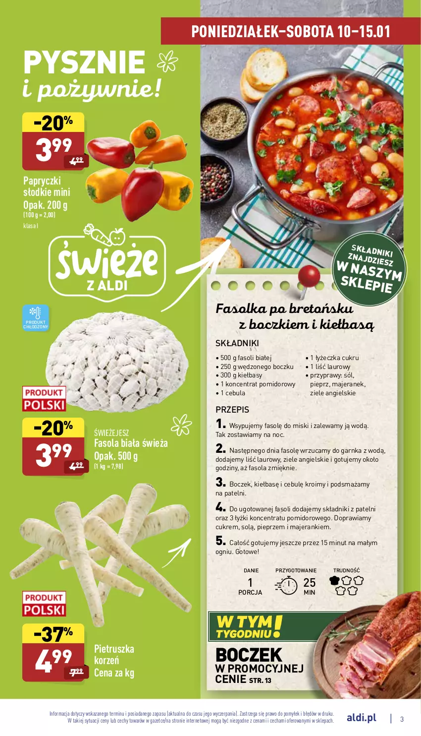 Gazetka promocyjna Aldi - Pełny katalog - ważna 10.01 do 15.01.2022 - strona 3 - produkty: Boczek, Cebula, Fa, Fasola, Koncentrat pomidorowy, Laur, Pieprz, Pietruszka, Por, Przyprawy, Sól, Ziele angielskie